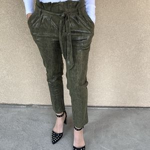 The Sang - High Waist, paperbag faux snakeskin pants w/belt - Green/Olive, L